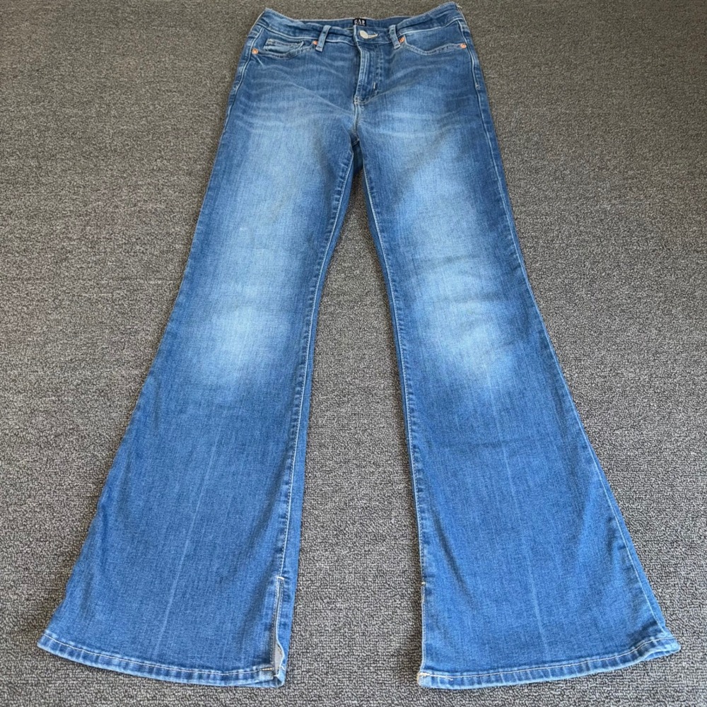 Gap Kids Girls Blue 70s Flare Jeans Size 16 High Rise Stretch Side Slit Denim